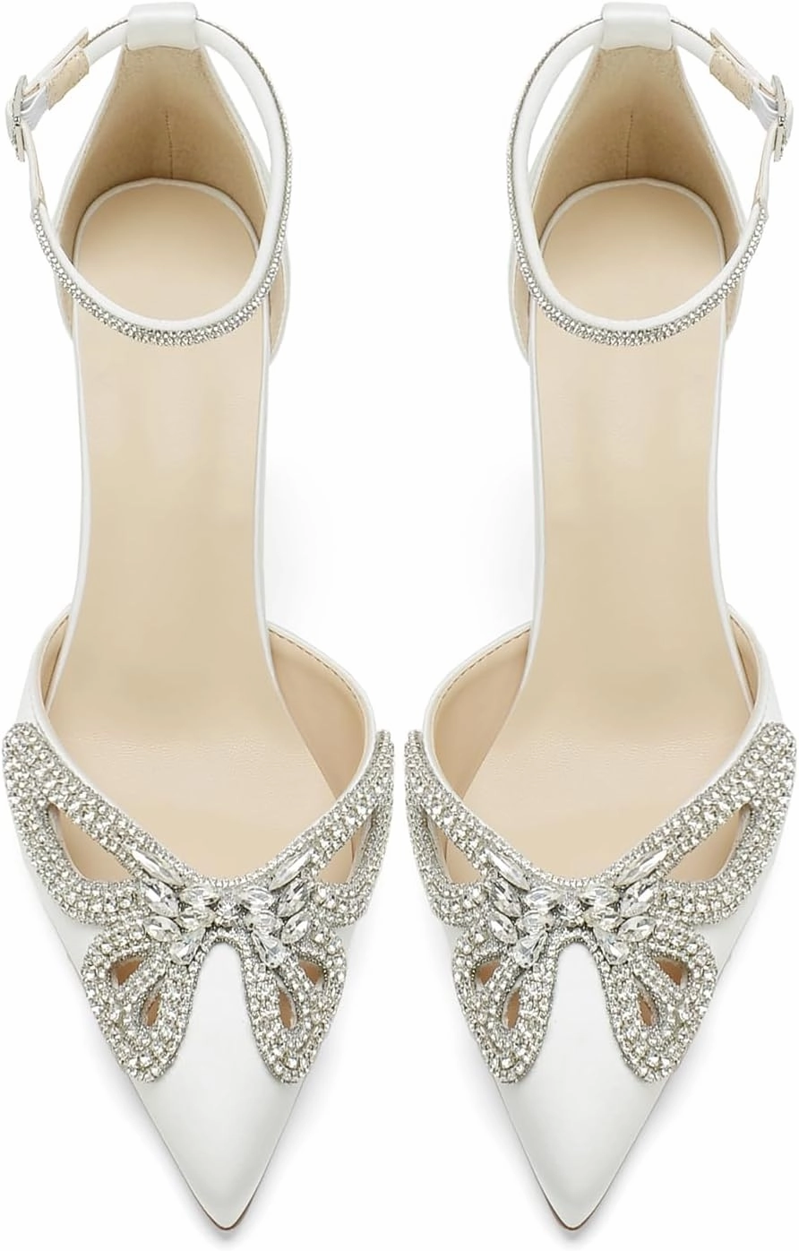 Women's Closed Pointed Toe Pumps Rhinestone Bow Sparkly Wedding Shoes High Stiletto Heels Satin Ankle Strap Heeled Prom Dress Sandals