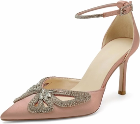 Women's Closed Pointed Toe Pumps Rhinestone Bow Sparkly Wedding Shoes High Stiletto Heels Satin Ankle Strap Heeled Prom Dress Sandals