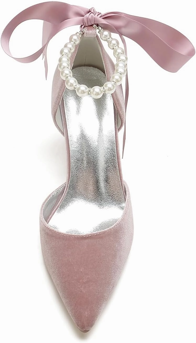 Womens Velvet Pointed Toe High Heel Pumps Comfort Kitten Heels for Bride Pearls Prom Evening Party Dress Shoes