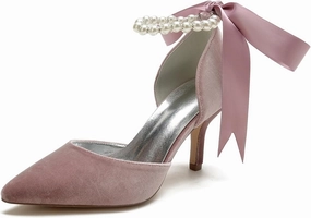 Womens Velvet Pointed Toe High Heel Pumps Comfort Kitten Heels for Bride Pearls Prom Evening Party Dress Shoes