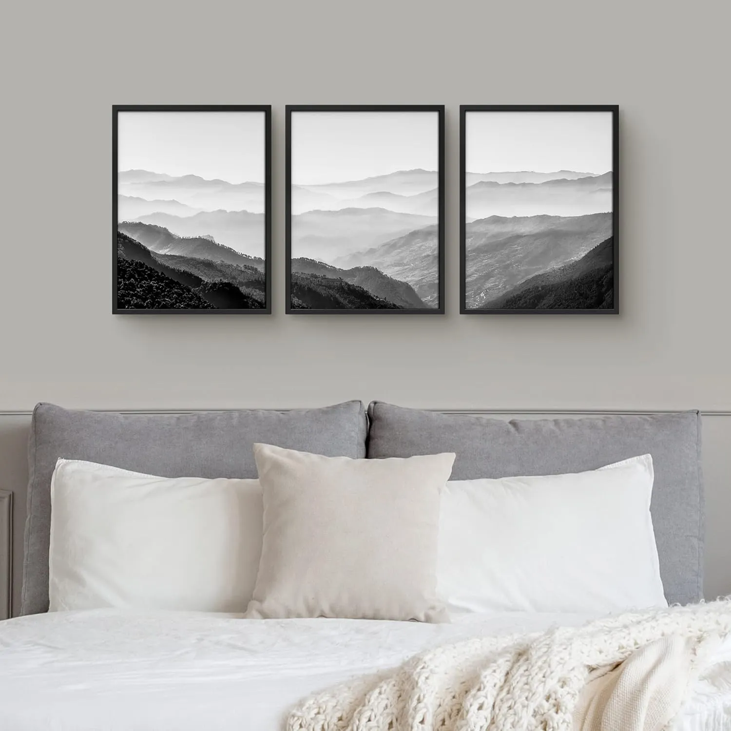 Woodrose Framed Wall Art Collage Print Gallery Set Black and White Mountain Range Landscape Nature Wilderness Photography Modern Rustic Travel for Living Room, Bedroom, Office - 12"x16"x3 BLACK