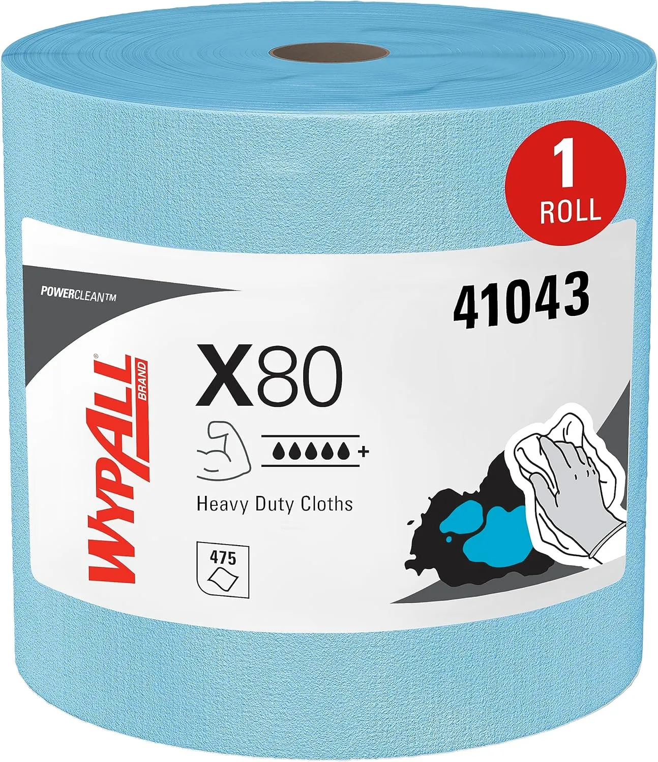 WypAll PowerClean X80 Cloths Heavy Duty Wipes (41043), Jumbo, Extended Use Towels, Blue (1 Roll of 475 Sheets, 475 Sheet Total)