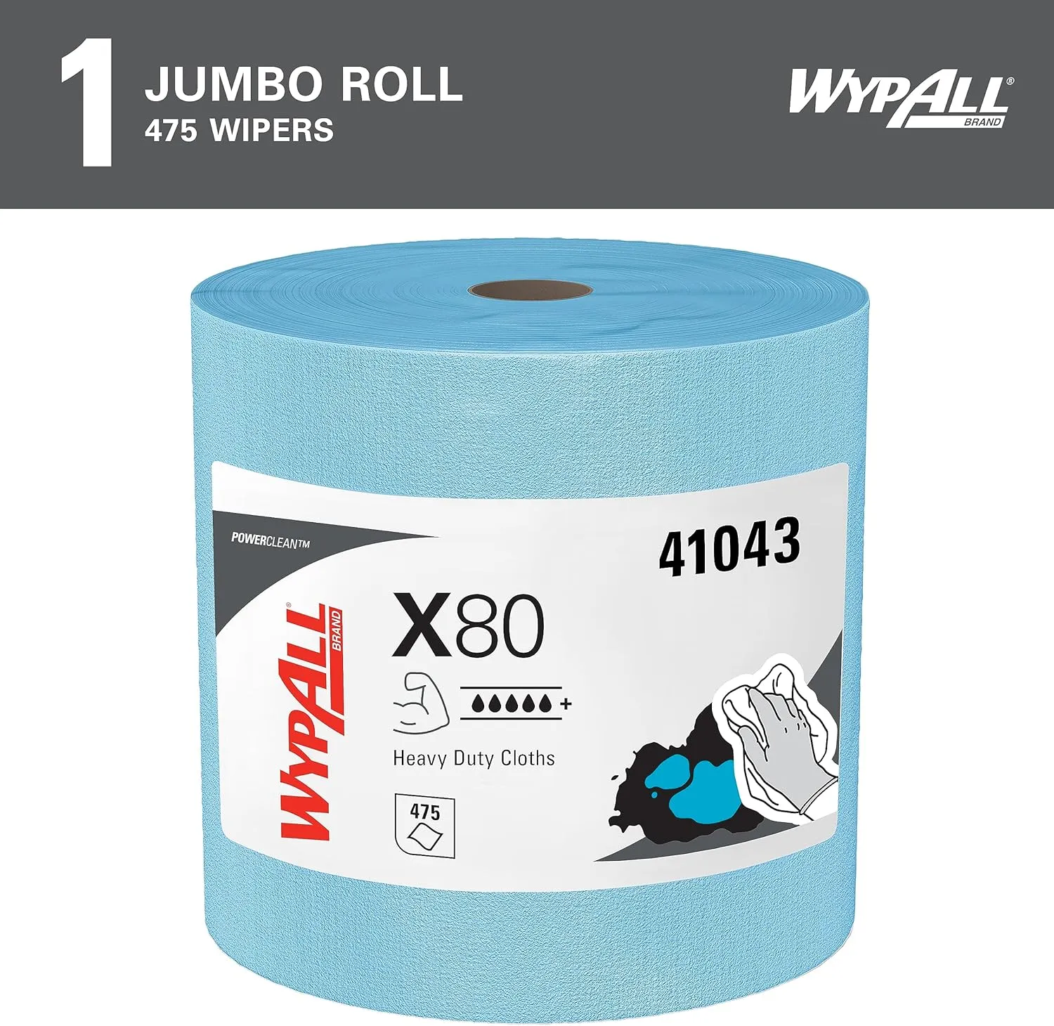 WypAll PowerClean X80 Cloths Heavy Duty Wipes (41043), Jumbo, Extended Use Towels, Blue (1 Roll of 475 Sheets, 475 Sheet Total)