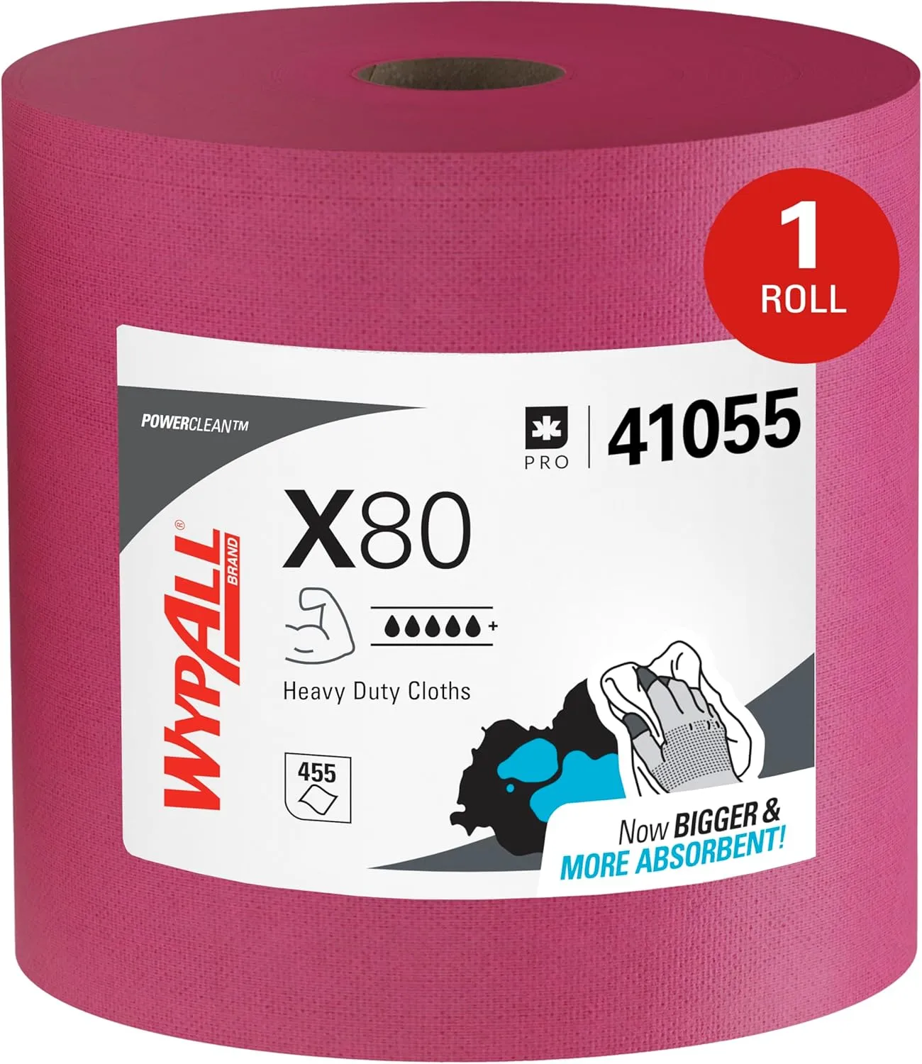 WypAll PowerClean X80 Cloths Heavy Duty Wipes (41055), Jumbo, Extended Use Towels, Red (1 Roll of 475 Sheets, 475 Sheet Total)