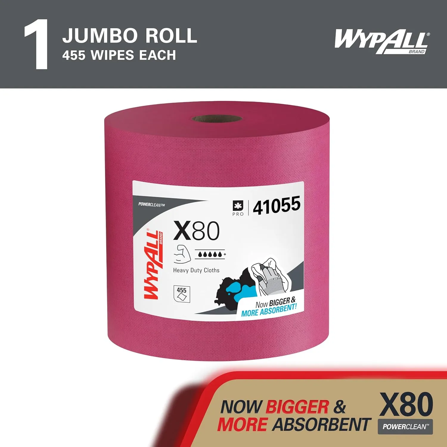WypAll PowerClean X80 Cloths Heavy Duty Wipes (41055), Jumbo, Extended Use Towels, Red (1 Roll of 475 Sheets, 475 Sheet Total)