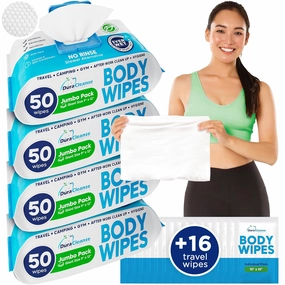 XL Body Wipes - (4 Pack) 200 Shower Wipes   16 Travel Bath Sheets - 9" x 12" Thick Cleansing Waterless Washcloths - No Rinse Disposable Adult Wash Cloths for Elderly Incontinence, Camping Essentials