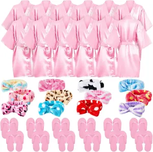 Xuhal 36 Pcs Spa Party Supplies for Girls 12 Kimono Robe V Neck Bathrobe 12 Soft Spa Headband 12 Disposable Foam