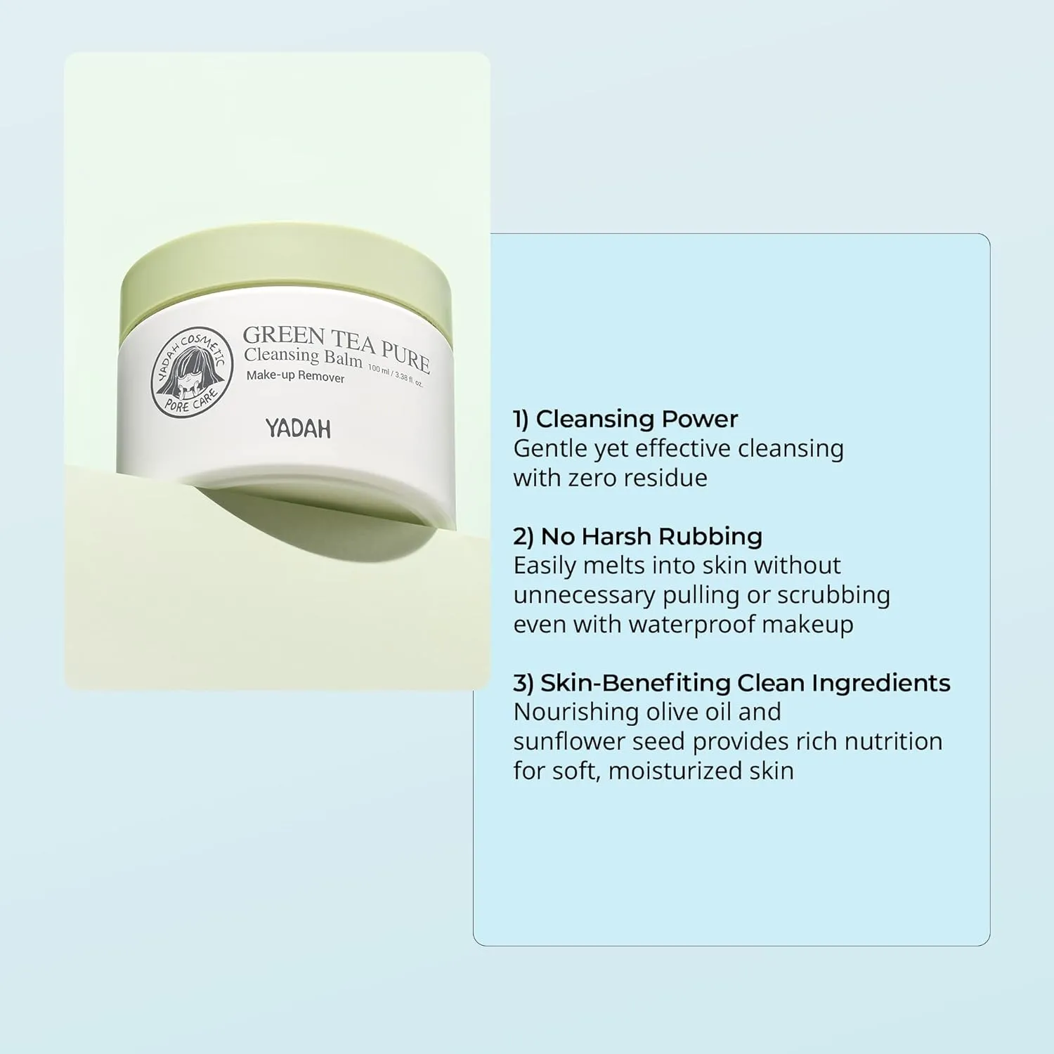 YADAH Green Tea Cleansing Balm (3.38fl oz) - Makeup Remover, Moisturizing, Residue-Free. Korean Skin Care. Vegan, Hypoallergenic.