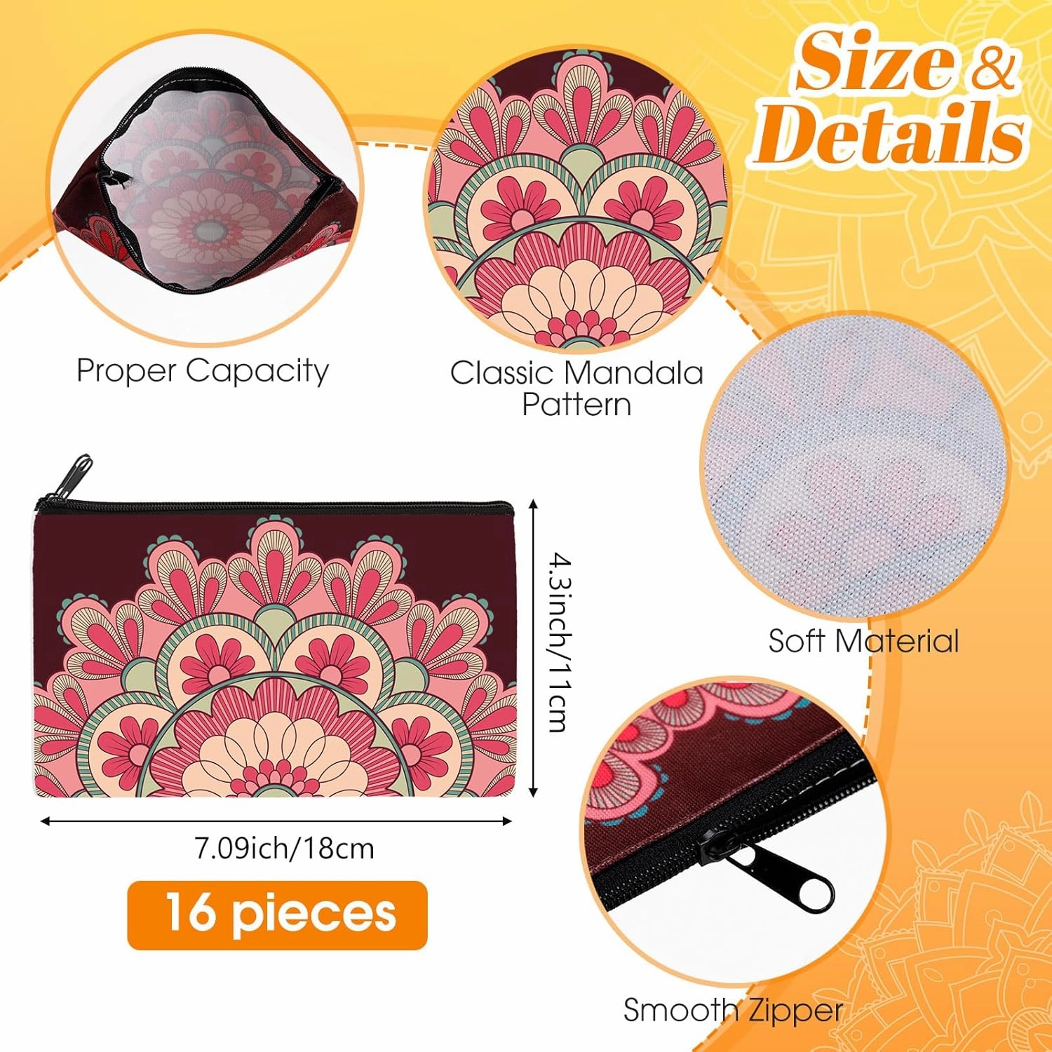 Yahenda 16 Pieces Cosmetic Makeup Bag Inspirational Zipper Pouch You Are Amazing Loved Beautiful Kind Pouch Inspirational Gifts for Women Nurse Teacher(Mandala)
