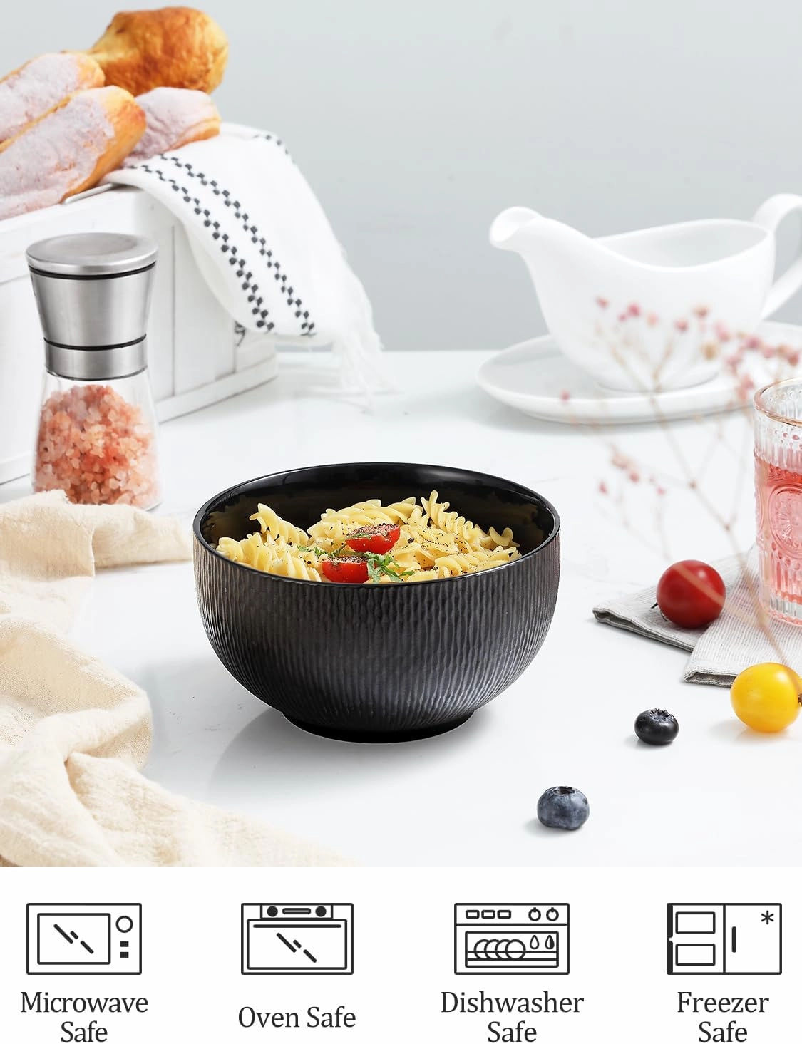 Yedio Black Ceramic Bowls Set of 4, 38 oz Porcelain Large Bowl for Kitchen, Cereal, Soup, Dessert, Rice, Snack, Fruits, Ice Cream, Noodle,Breakfast, Microwave Dishwasher Freezer Oven Safe