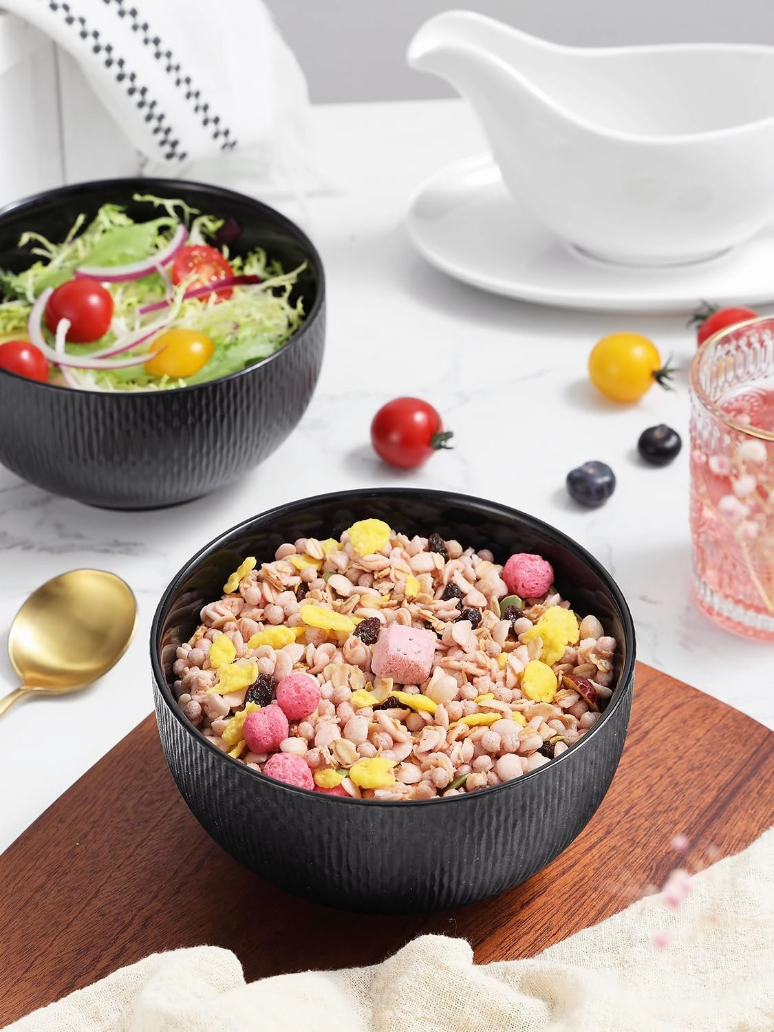Yedio Black Ceramic Bowls Set of 4, 38 oz Porcelain Large Bowl for Kitchen, Cereal, Soup, Dessert, Rice, Snack, Fruits, Ice Cream, Noodle,Breakfast, Microwave Dishwasher Freezer Oven Safe