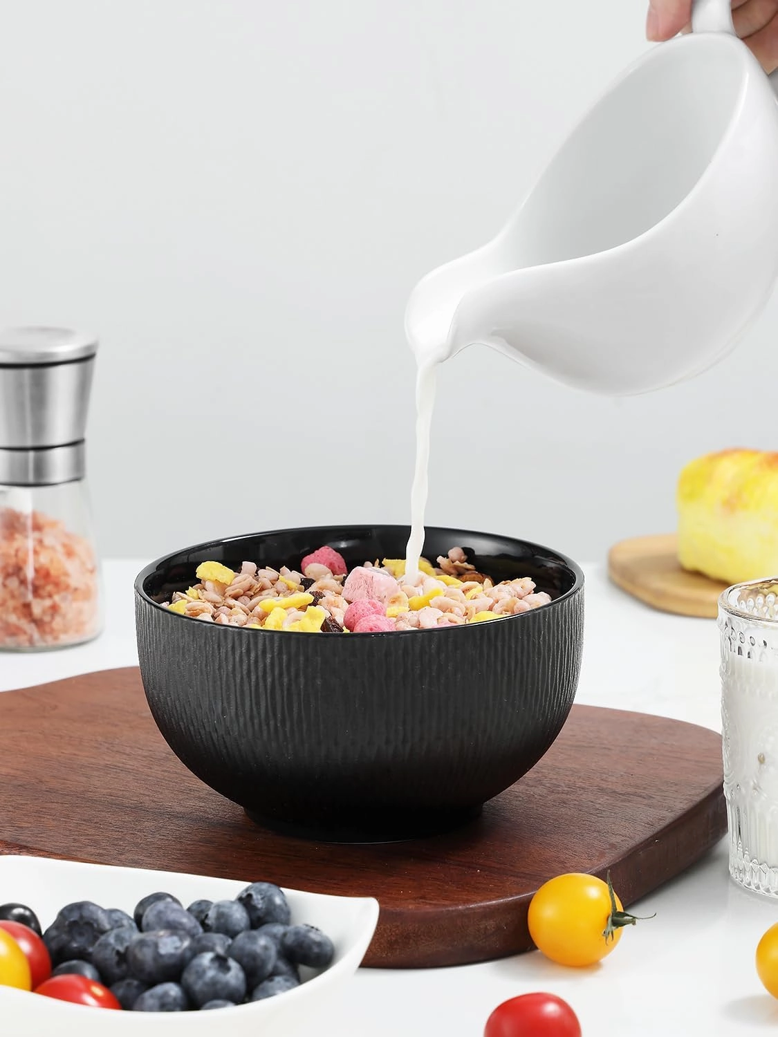 Yedio Black Ceramic Bowls Set of 4, 38 oz Porcelain Large Bowl for Kitchen, Cereal, Soup, Dessert, Rice, Snack, Fruits, Ice Cream, Noodle,Breakfast, Microwave Dishwasher Freezer Oven Safe
