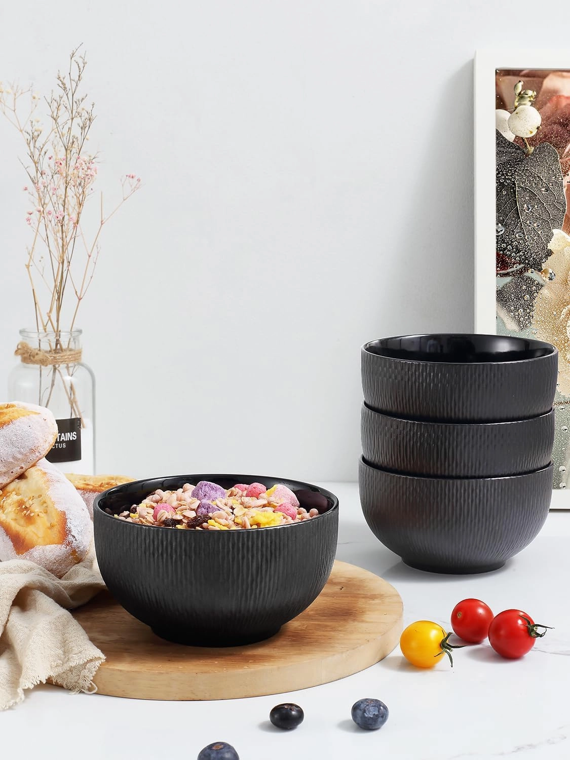 Yedio Black Ceramic Bowls Set of 4, 38 oz Porcelain Large Bowl for Kitchen, Cereal, Soup, Dessert, Rice, Snack, Fruits, Ice Cream, Noodle,Breakfast, Microwave Dishwasher Freezer Oven Safe