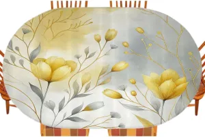 Yellow Oval Elastic Fitted Tablecloth, Autumnal Feels Flowery Blooms with Gentle Leaves on Aquarelle Look Back, for Kitchen Dinning Tabletop Decoration Outdoor Picnic, Fits 48" x 72" Table