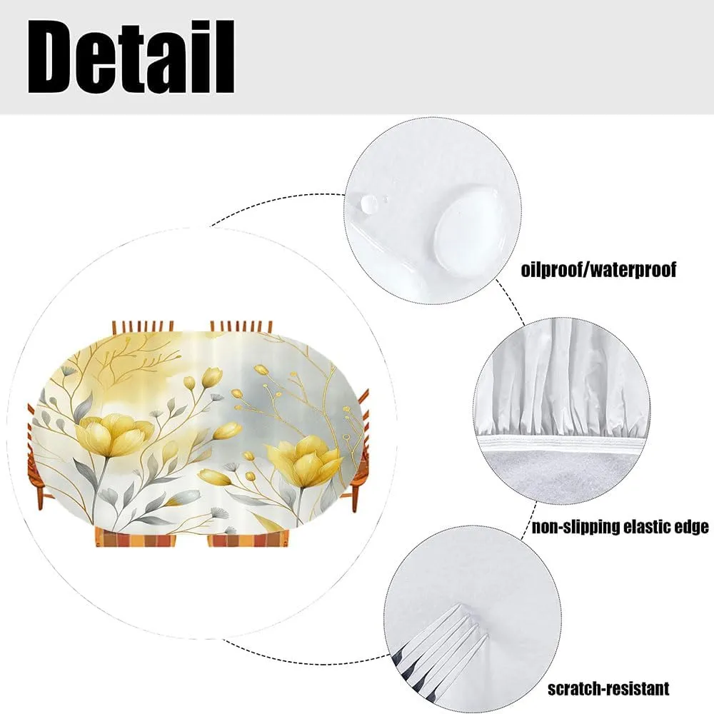 Yellow Oval Elastic Fitted Tablecloth, Autumnal Feels Flowery Blooms with Gentle Leaves on Aquarelle Look Back, for Kitchen Dinning Tabletop Decoration Outdoor Picnic, Fits 48" x 72" Table