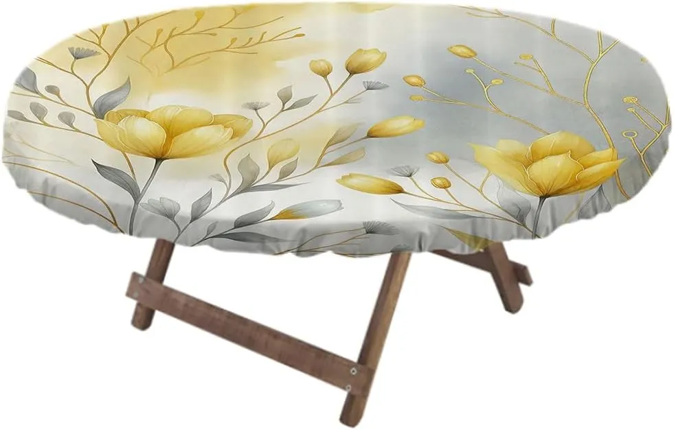 Yellow Oval Elastic Fitted Tablecloth, Autumnal Feels Flowery Blooms with Gentle Leaves on Aquarelle Look Back, for Kitchen Dinning Tabletop Decoration Outdoor Picnic, Fits 48" x 72" Table