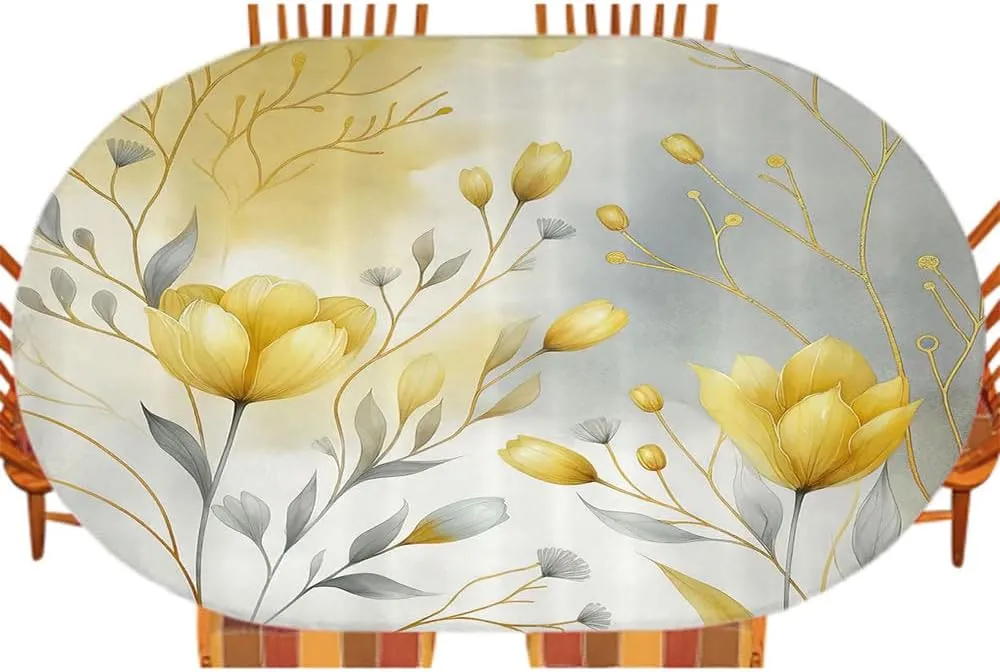 Yellow Oval Elastic Fitted Tablecloth, Autumnal Feels Flowery Blooms with Gentle Leaves on Aquarelle Look Back, for Kitchen Dinning Tabletop Decoration Outdoor Picnic, Fits 48" x 72" Table