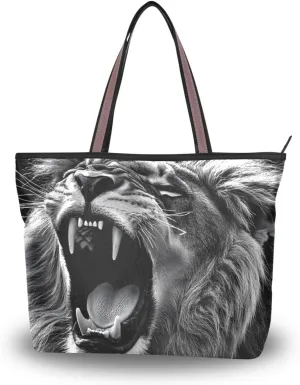 YMXFXP Lightweight Tote Bag Lion Roar Black White for Women Durable Designer Handbag with Zipper for Daily Use L