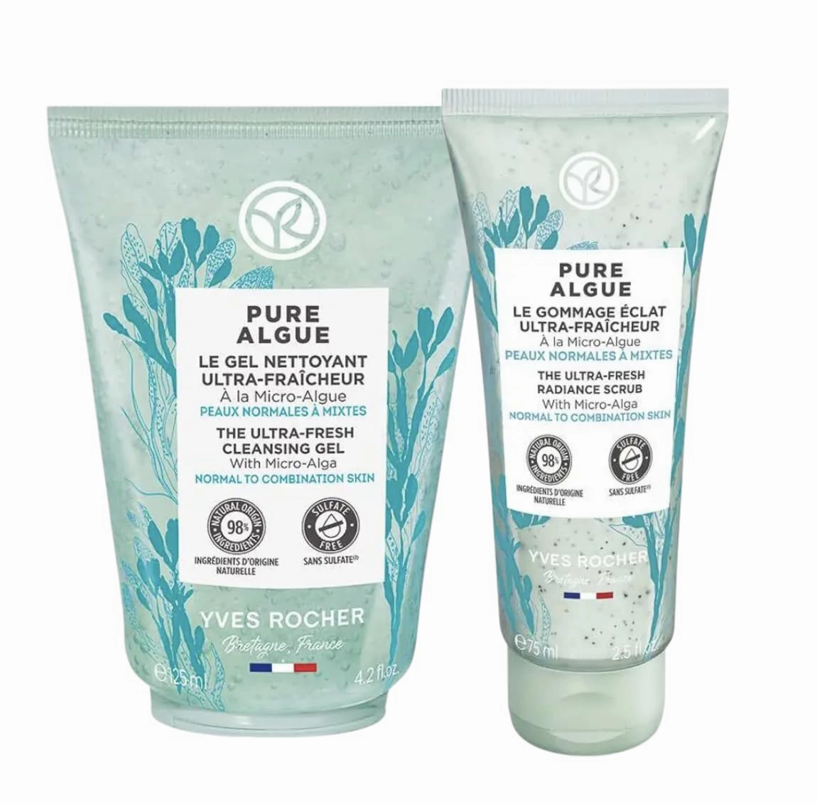 Yves Rocher Pure Algue Ultra-Fresh Facial Scrub and Ultra Fresh Cleansing Gel Nourishing Moisturizing Set of 2 Best Gift Kit- 75 ml. / 2.5 fl.o and 125 ml./4.2 fl.oz.