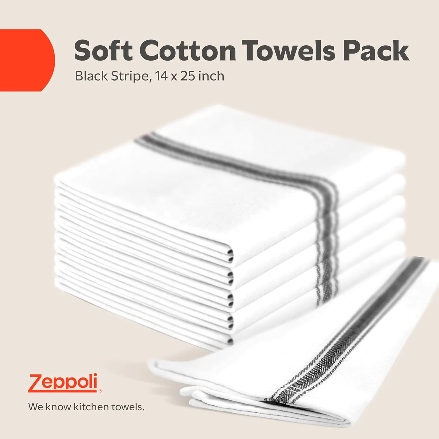 Zeppoli Classic Kitchen Towels - 15 Pack 100% Natural Cotton Towel Set, Reusable Wash Cloths, Absorbent Dish Towels, Machine Washable Hand Towels, Kitchen Essentials, 14” x 25”, Black Striped