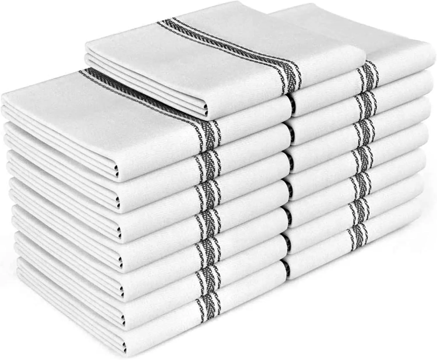 Zeppoli Classic Kitchen Towels - 15 Pack 100% Natural Cotton Towel Set, Reusable Wash Cloths, Absorbent Dish Towels, Machine Washable Hand Towels, Kitchen Essentials, 14” x 25”, Black Striped