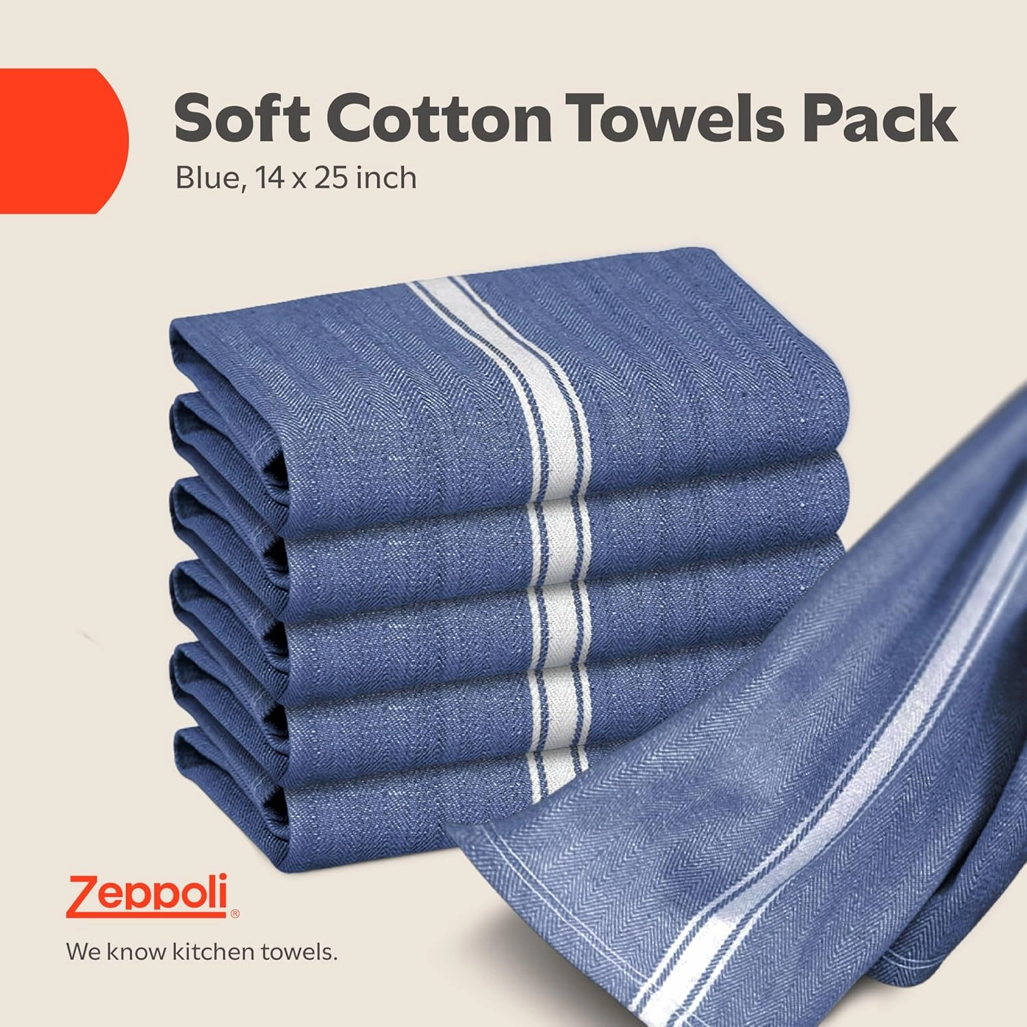 Zeppoli Classic 15 Pack 100% Natural Cotton Kitchen Towel Set, Reusable Wash Cloths, Absorbent Dish Towels, Machine Washable Hand Towels, Kitchen Essentials, 14" x 25" - Navy Blue