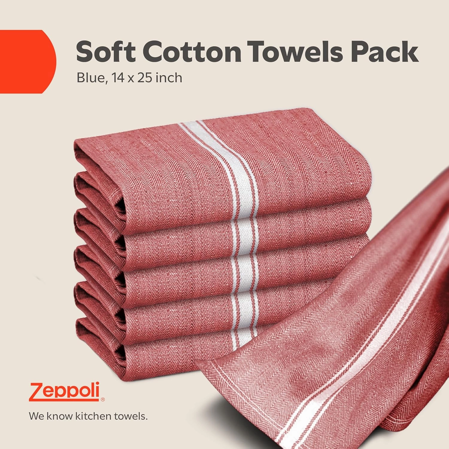 Zeppoli Classic 15 Pack 100% Natural Cotton Kitchen Towel Set, Reusable Wash Cloths, Absorbent Dish Towels, Machine Washable Hand Towels, Kitchen Essentials - 14' by 25' - Red Base
