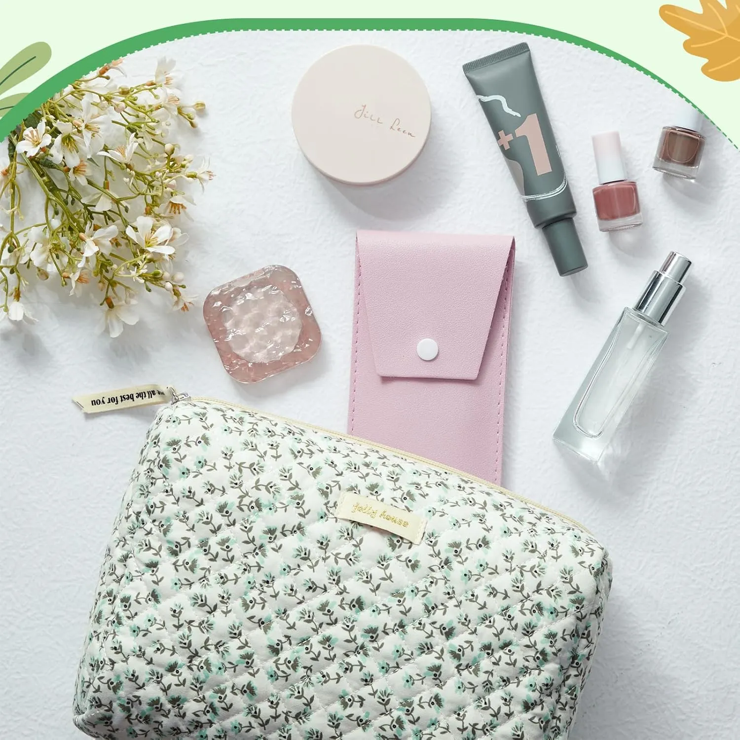 Zeyune 3 Pcs Quilted Makeup Bag Large Cotton Cosmetic Floral Makeup Bag Travel Toiletry Storage Aesthetic Cute Cosmetic Pouch with Zipper for Women Mom Birthday Gift Home Bathroom(Green Flowers)