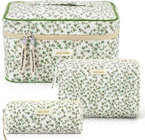 Zeyune 3 Pcs Quilted Makeup Bag Large Cotton Cosmetic Floral Makeup Bag Travel Toiletry Storage Aesthetic Cute Cosmetic Pouch with Zipper for Women Mom Birthday Gift Home Bathroom(Green Flowers)
