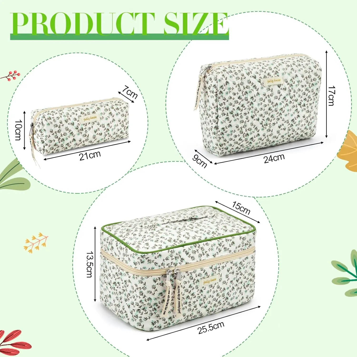 Zeyune 3 Pcs Quilted Makeup Bag Large Cotton Cosmetic Floral Makeup Bag Travel Toiletry Storage Aesthetic Cute Cosmetic Pouch with Zipper for Women Mom Birthday Gift Home Bathroom(Green Flowers)