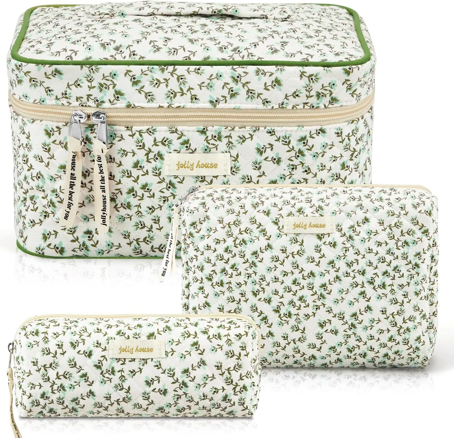 Zeyune 3 Pcs Quilted Makeup Bag Large Cotton Cosmetic Floral Makeup Bag Travel Toiletry Storage Aesthetic Cute Cosmetic Pouch with Zipper for Women Mom Birthday Gift Home Bathroom(Green Flowers)