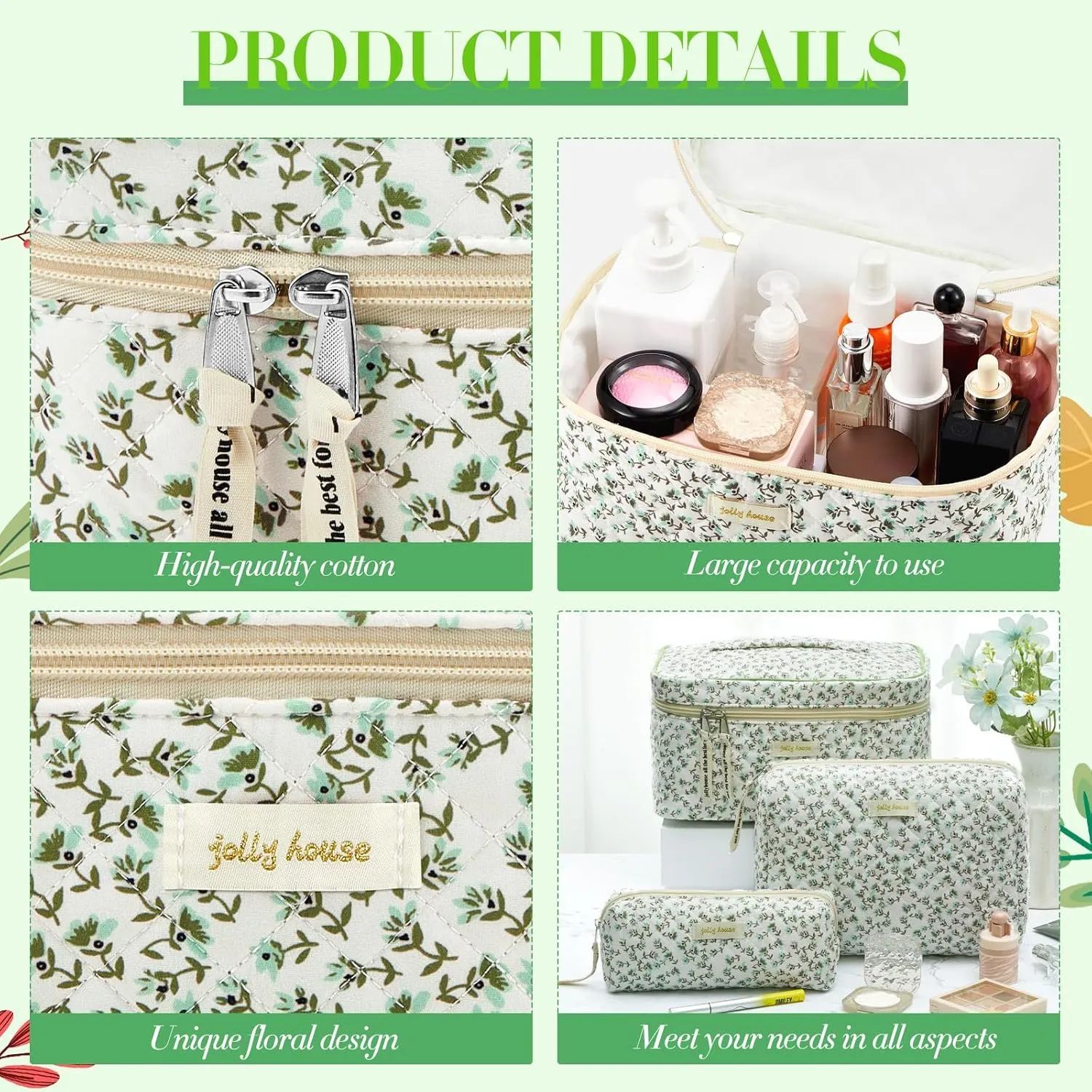 Zeyune 3 Pcs Quilted Makeup Bag Large Cotton Cosmetic Floral Makeup Bag Travel Toiletry Storage Aesthetic Cute Cosmetic Pouch with Zipper for Women Mom Birthday Gift Home Bathroom(Green Flowers)