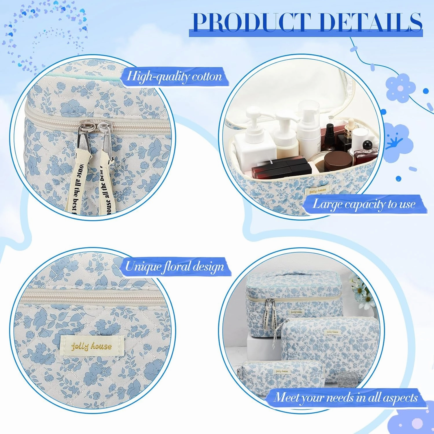 Zeyune 3 Pcs Quilted Makeup Bag Large Cotton Cosmetic Floral Makeup Bag Travel Toiletry Storage Aesthetic Cute Cosmetic Pouch with Zipper for Women Mom Birthday Gift Home Bathroom(Blue Flower)
