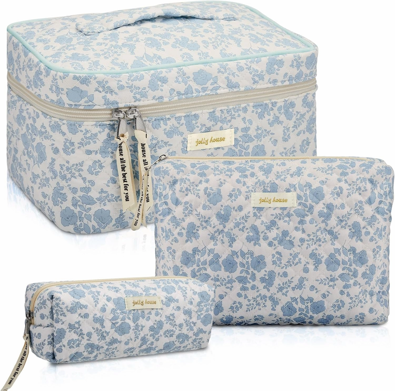 Zeyune 3 Pcs Quilted Makeup Bag Large Cotton Cosmetic Floral Makeup Bag Travel Toiletry Storage Aesthetic Cute Cosmetic Pouch with Zipper for Women Mom Birthday Gift Home Bathroom(Blue Flower)
