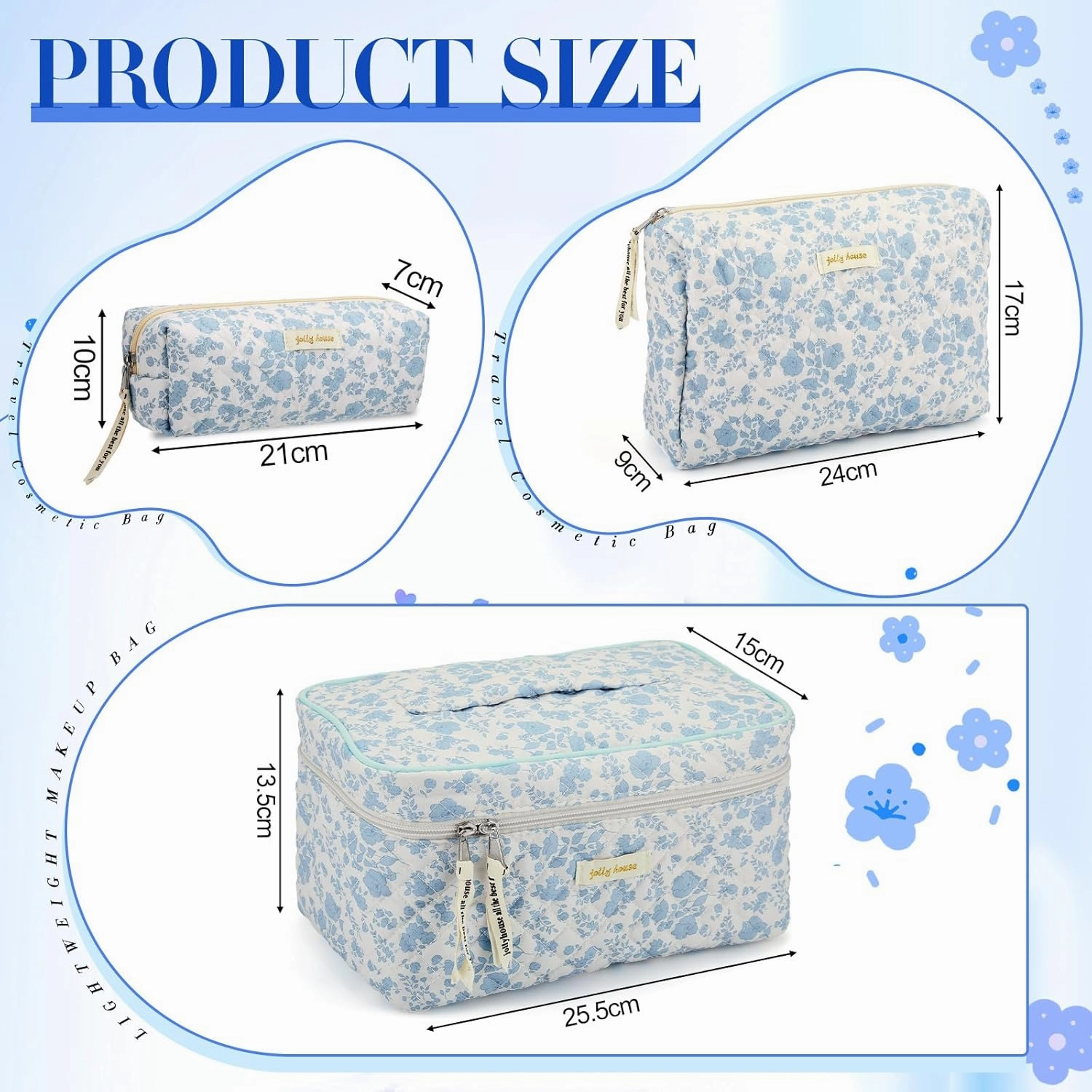 Zeyune 3 Pcs Quilted Makeup Bag Large Cotton Cosmetic Floral Makeup Bag Travel Toiletry Storage Aesthetic Cute Cosmetic Pouch with Zipper for Women Mom Birthday Gift Home Bathroom(Blue Flower)