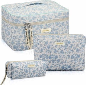Zeyune 3 Pcs Quilted Makeup Bag Large Cotton Cosmetic Floral Makeup Bag Travel Toiletry Storage Aesthetic Cute Cosmetic Pouch with Zipper for Women Mom Birthday Gift Home Bathroom(Blue Flower)