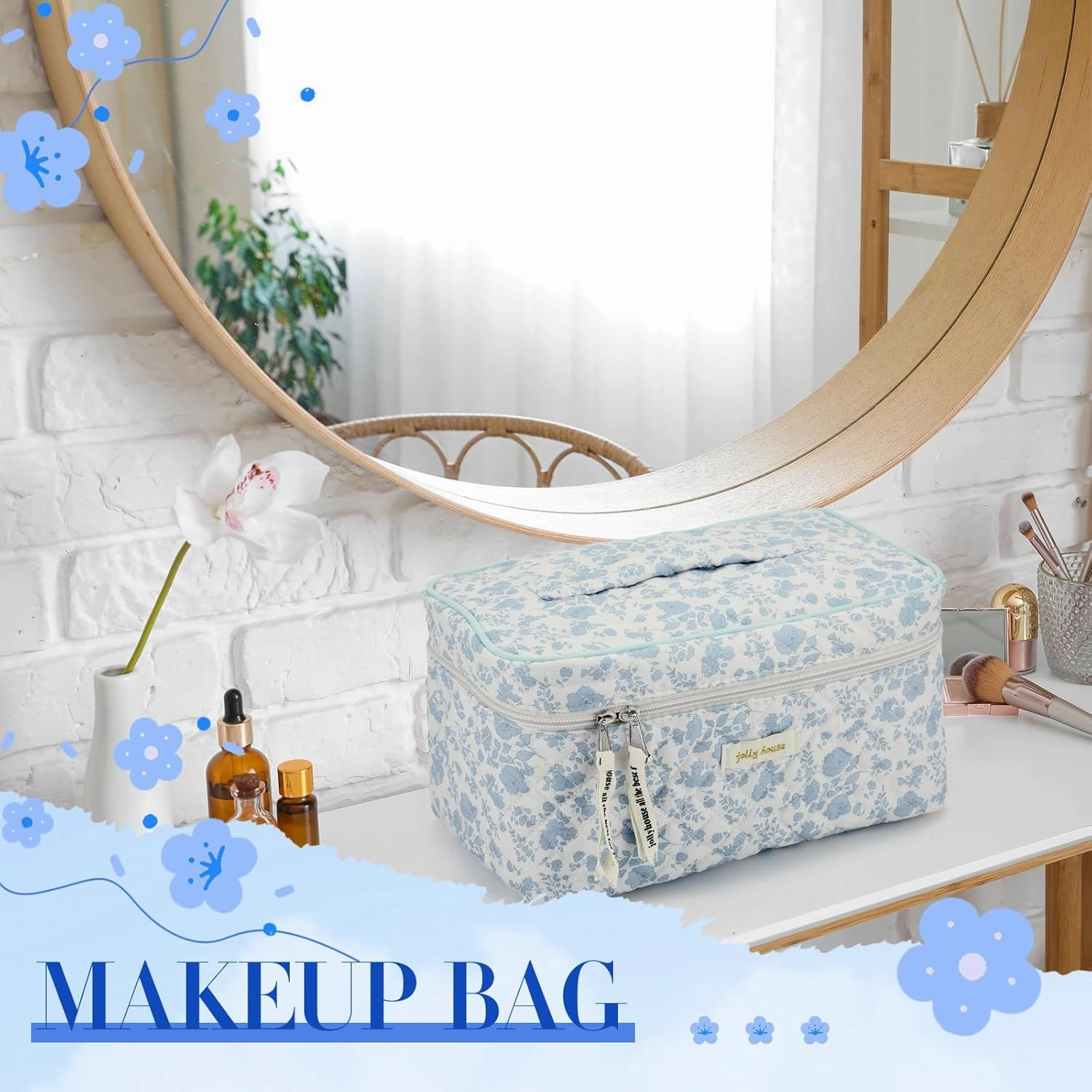 Zeyune 3 Pcs Quilted Makeup Bag Large Cotton Cosmetic Floral Makeup Bag Travel Toiletry Storage Aesthetic Cute Cosmetic Pouch with Zipper for Women Mom Birthday Gift Home Bathroom(Blue Flower)