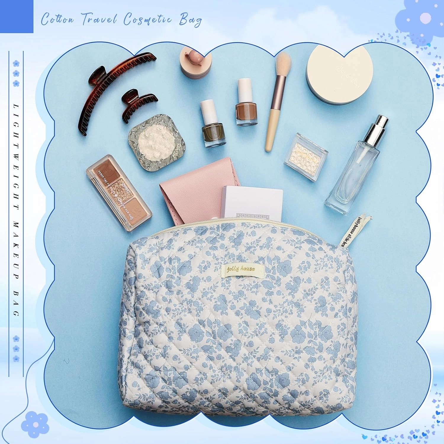 Zeyune 3 Pcs Quilted Makeup Bag Large Cotton Cosmetic Floral Makeup Bag Travel Toiletry Storage Aesthetic Cute Cosmetic Pouch with Zipper for Women Mom Birthday Gift Home Bathroom(Blue Flower)