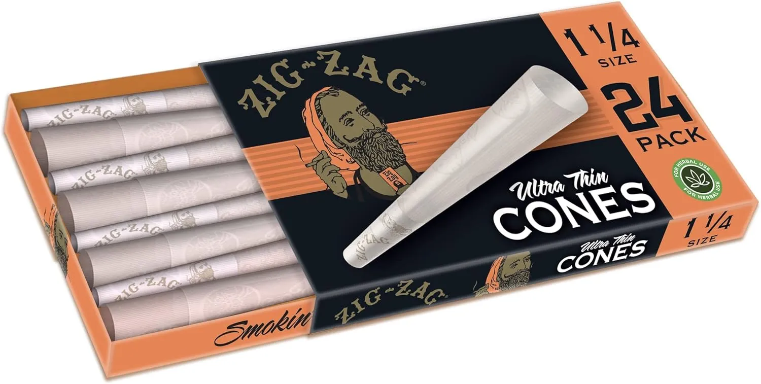 Zig-Zag Ultra Thin Pre Rolled Paper Cones, 1 1/4 Size, 24 Count | Chemical-Free, Slow Burn, Prerolled