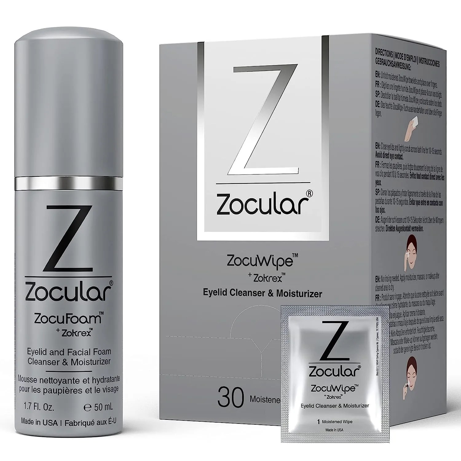 ZocuFoam Eyelid Cleanser and ZocuWipe Eyelid Wipes Bundle - Eye Care for Dry and Irritated Eyes - 30 ct