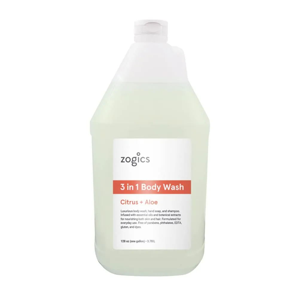 Zogics 3-in-1 Body Wash – Body Soap, Shampoo, and Hand Soap Liquid Refill All-in-One, Hydrating Plant-Based Formula, Refreshing Citrus   Aloe Scent (1 Gallon)