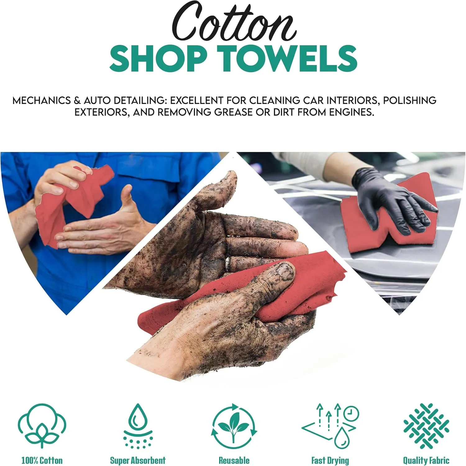 ZUPERIA Shop Towels (14" x 12" Inches - Pack of 100) Commercial Grade Cleaning Rags Bulk for Garages, Automobiles, Industries and Homes (Red)