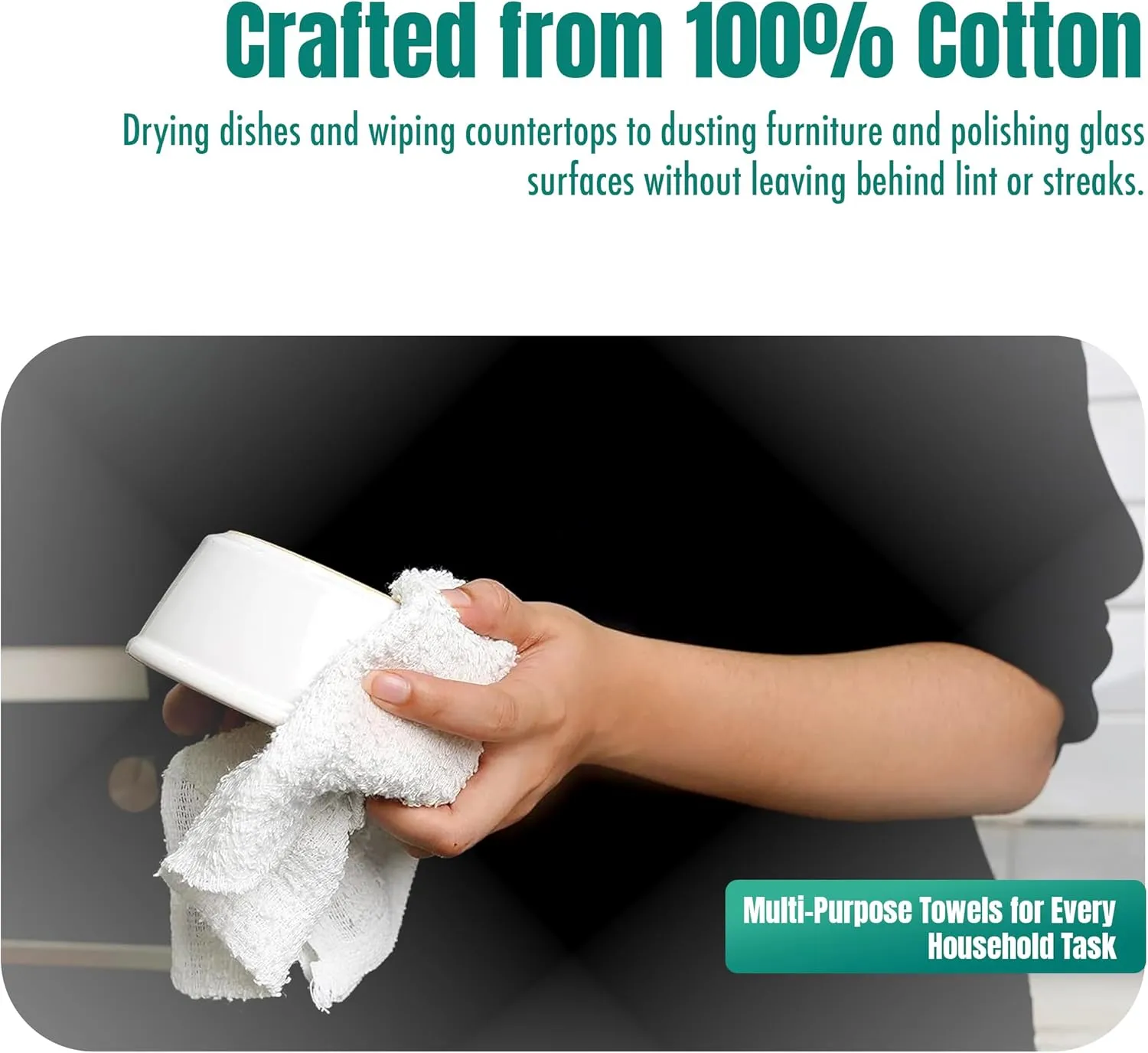 ZUPERIA Terry Towels Pack of 60 (14" X 17" Inches) 100% Cotton Terry Barmop Towels - Absorbent & Durable Bar Rags, Multipurpose Cleaning Rags for Home, Automotive & Garage Cleaning Supplies (White)