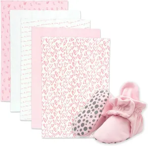 Zutano Newborn Girl Gift Set | 5 Pack Organic Burp Cloths and Oragnic Baby Booties, Bundle, Baby Pink & Hearts, 3M