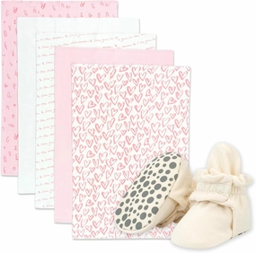 Zutano Newborn Girl Gift Set | 5 Pack Organic Burp Cloths and Oragnic Baby Booties, Bundle, Cream & Hearts, 3M