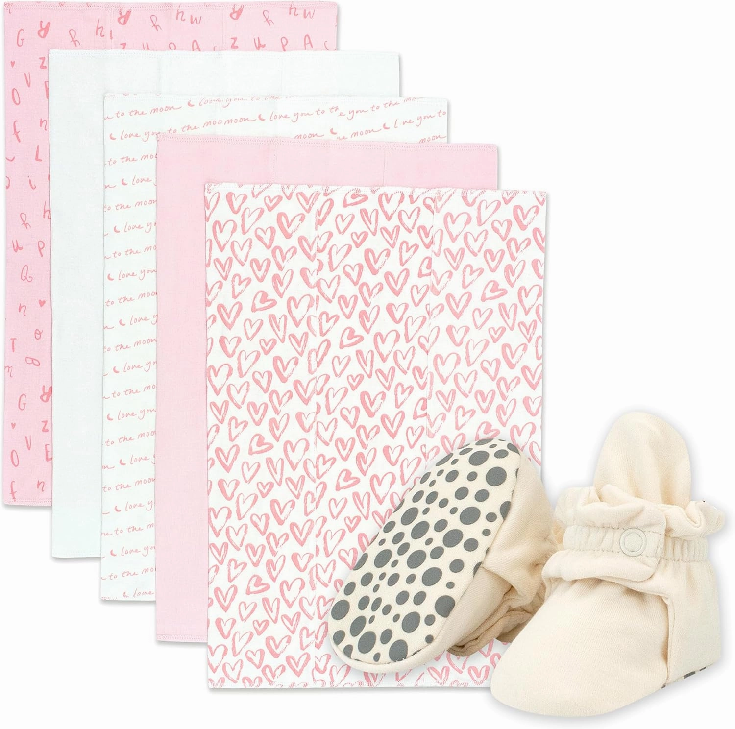 Zutano Newborn Girl Gift Set | 5 Pack Organic Burp Cloths and Oragnic Baby Booties, Bundle, Cream & Hearts, 3M